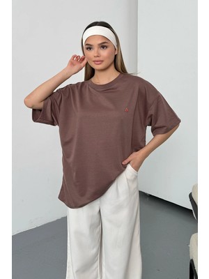 Giysa Kadın Bisiklet Yaka Uğur Böceği Aksesuarlı 2ip T-Shirt Açık Kahverengi - 26Y 26608