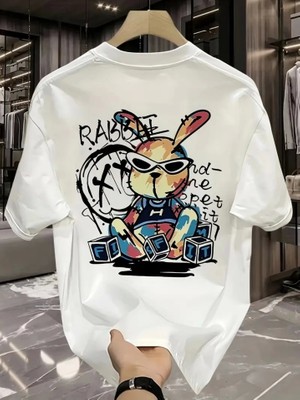Çamaşır Kenti Baskılı Oversize Bisiklet Yaka T-Shirt - Beyaz