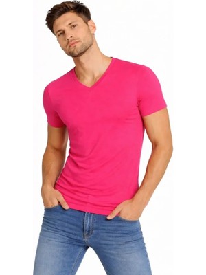 Çamaşır Kenti Erkek T-Shirt V Yaka Slim Fit Dar Kesim Likralı Tişört Günlük Basic Body - Pembe