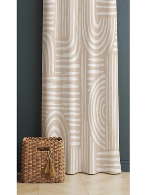 Alamodecor Iskandinav Model Krem Rengi Geometrik Etnik Desenli Baskılı Fon Perde ( Fon Perde)