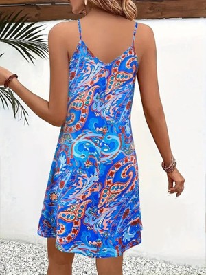 Çamaşır Kenti Kadın Ip Askılı V Yakalı Desenli Kısa Süprem Mini Elbise