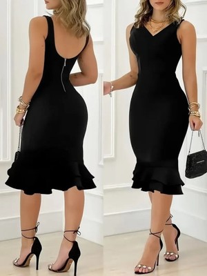 Çamaşır Kenti Kadın Askılı V Yaka Arkadan Fermuarlı Dalgıç Elbise