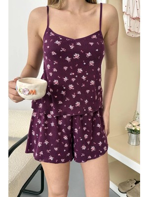 Giysa Kadın Askılı Çiçek Desenli Şortlu Pijama Takımı Mor - 3300