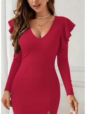 Çamaşır Kenti Kadın Uzun Kollu V Yakalı Yandan Yırtmaçlı Midi Ithal Krep Elbise