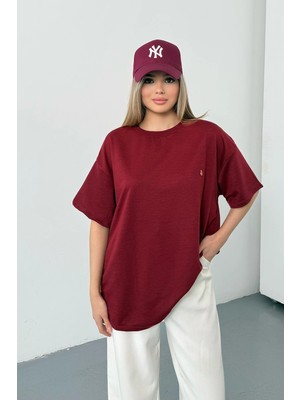 Giysa Kadın Bisiklet Yaka Uğur Böceği Aksesuarlı 2ip T-Shirt Bordo - 26Y 26608