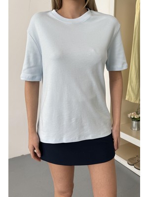 Giysa Kadın Bisiklet Yaka %100 Pamuklu Basic T-Shirt Mavi - 26Y 26650