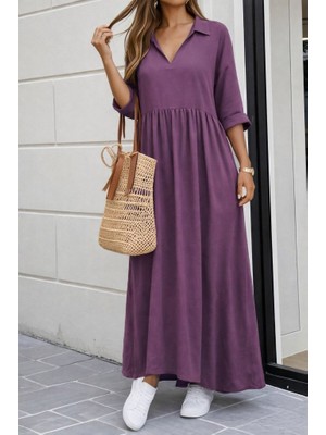 Mç Plus Kadın Truvakar Kollu V Yakalı Yırtmaçlı Uzun Aerobin Elbise