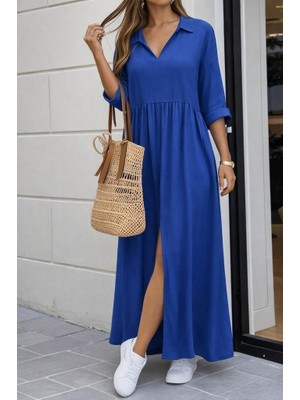 Arben Boutique Kadın Truvakar Kollu V Yakalı Yırtmaçlı Uzun Aerobin Elbise