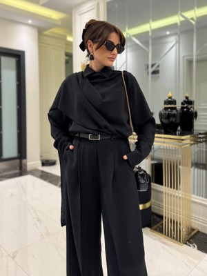 Ahes Shopping Kadın Uzun Kollu Şal Detaylı Bluz ve Pantolon Ikili Takım