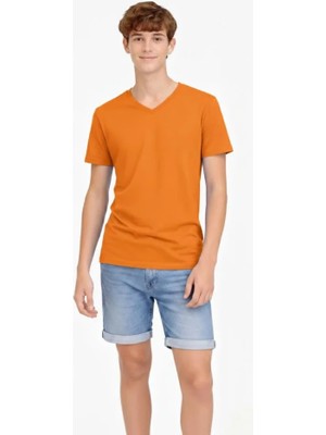Cottonlab Genç Erkek Çocuk V Yaka Tişört Yazlık Model Günlük Basic Body - Turuncu