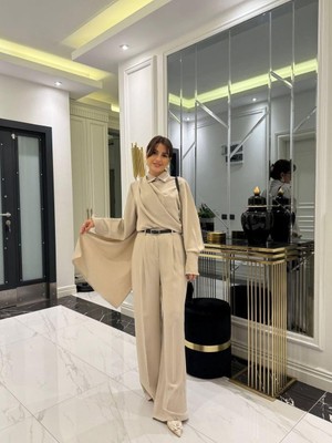 Nidam Butik Kadın Uzun Kollu Şal Detaylı Bluz ve Pantolon Ikili Takım