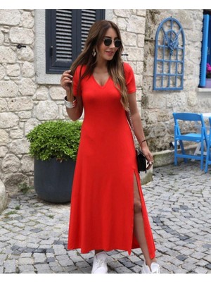 Gökyüzü Moda Kadın Kısa Kollu V Yakalı Maksi Boy Viskon Elbise