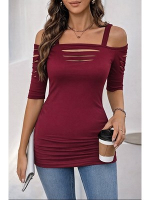 Kendim Fashion Kadın Omuzlardan Açık Askılı Lazer Kesim Detaylı Viskon Bluz