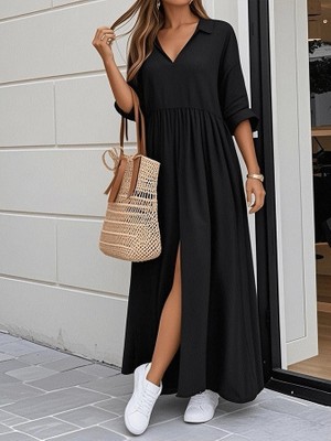 Passense Kadın Truvakar Kollu V Yakalı Yırtmaçlı Uzun Aerobin Elbise