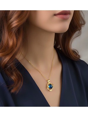 Bontexs Kadın Gezegen Safir Mavisi Taşlı ve Işıltılı Altın Kaplama Kolye-Altın Rengi Zarif Zincirli Mavi Taşlı Tasarım Kolye