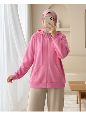 Moda Morfo Kapşonlu Fermuarlı Cepli Penye Sweat  -Pembe