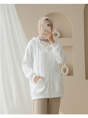 Modamorfo Kapşonlu Fermuarlı Cepli Penye Sweat  -Beyaz