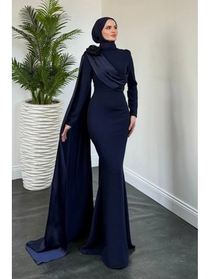 Merven Akyüz Castilya Pelerinli Omzu Gül Abiye Navy Blue