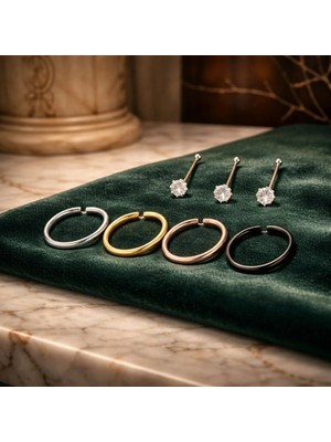 Begonia Accessories 925 Ayar Gümüş,3 Adet Tektaş. Silver,gold,black,rose Halka, 7 Adet Hızma Set