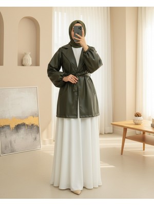 Modamorfo Balon Kol Kemerli Deri Ceket  -Haki