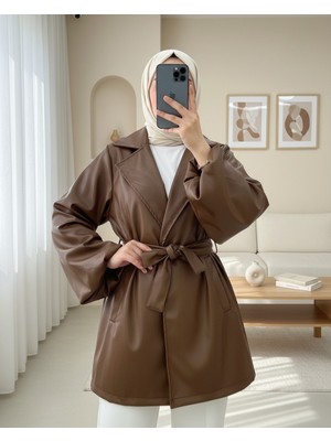 Modamorfo Balon Kol Kemerli Deri Ceket  -Taba