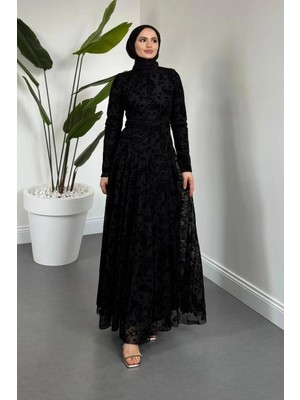 Merven Akyüz Jumana Kemerli Desenli Tül Elbise Siyah