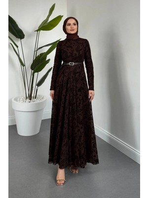 Merven Akyüz Jumana Kemerli Desenli Tül Elbise Kahverengi