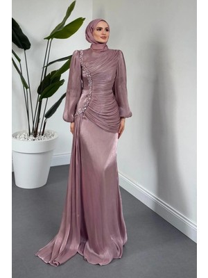 Merven Akyüz Ansel Yandan Taşlı Drapeli Janjan Abiye Rose