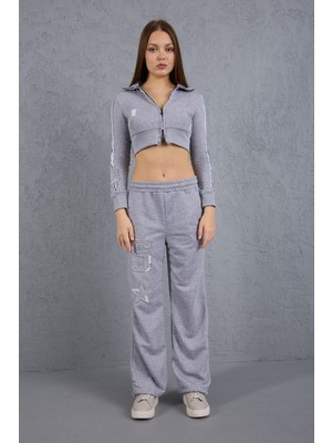 Marsilyan Yıldız Yama Detaylı Siyah Crop Eşofman Takımı
