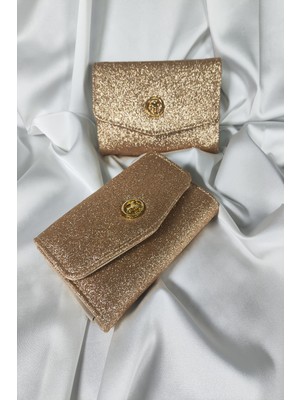 Leaf Accessory Simli Bakır Kadın Cüzdanı Çıtçıtlı Kapaklı, Bozuk Para Gözlü, Kartlık Bölmeli