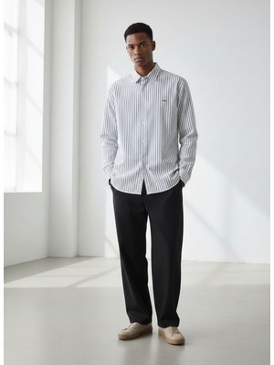 LTB Uzun Kollu Çizgili Sign Baskılı Beyaz Gömlek