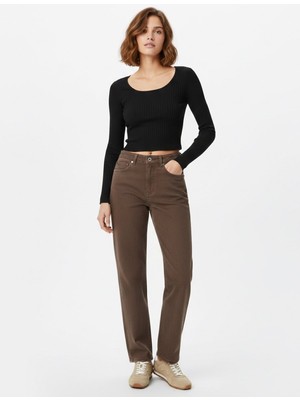 LTB Uzun Kollu Kayık Yaka Crop Antrasit Sweatshırt