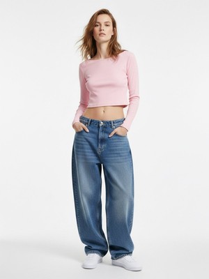 LTB Uzun Kollu Bisiklet Yaka Crop Pembe Sweatshırt