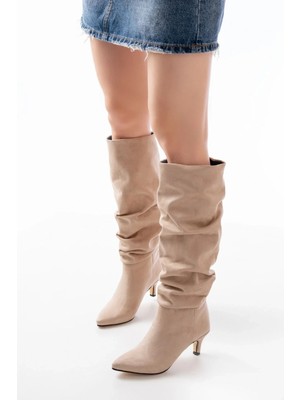Uslucan Alışveriş SR-2001 Bej Süet Ince Topuklu Günlük Bayan Çizme