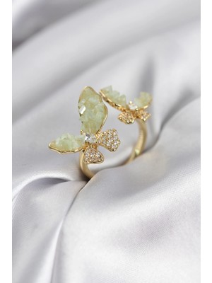 Shoplet Gold Renk Su Yeşili Kelebek Model Zirkon Taşlı Kadın Yüzük