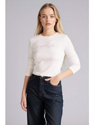 DeFacto Fitted Bisiklet Yaka Nakış Baskı Baskılı Ribana Uzun Kollu Tişört H0169AX26SP