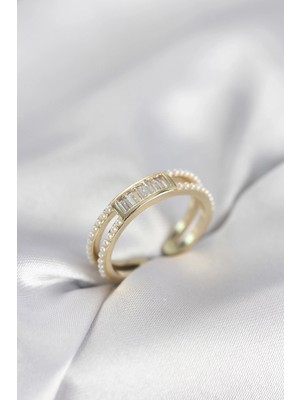 Shoplet Baget Zirkon Taşlı Gold Renk Incili Kadın Yüzük