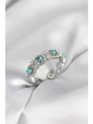 Shoplet Mavi Taşlı Gümüş Renk Vintage Kadın Yüzük