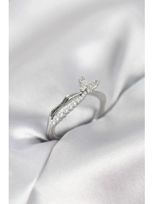 Shoplet Gümüş Renk Kuyruklu Kelebek Model Incili Kadın Yüzük