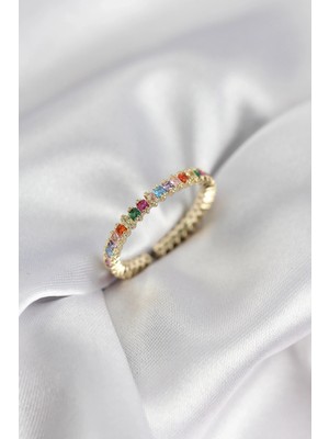 Shoplet Sıralı Karışık Renkli Gold Renk Zirkon Taşlı Kadın Yüzük