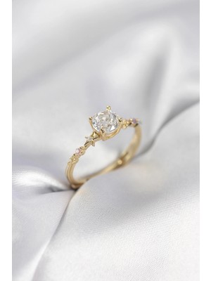 Shoplet Tek Taş Model Zirkon Taşlı Gold Renk Kadın Yüzük