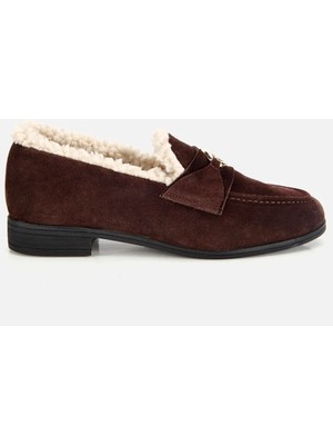 Hotiç Kadın Süet Deri Kahverengi İçi Kürklü Klasik Loafer
