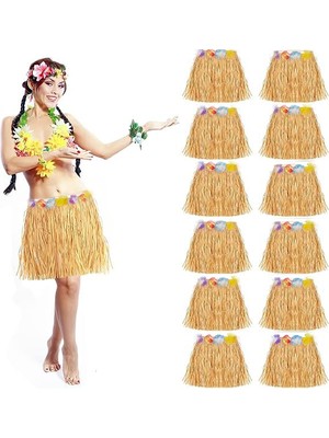 NW NessiWorld Yetişkin ve Çocuk Uyumlu Saman Renk Hawaii Luau Hula Etek 40 cm 12 Adet