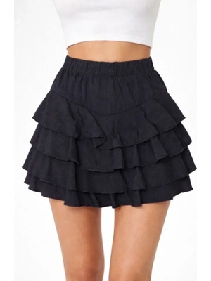 Uslucan Alışveriş Siyah Katlı Mini Fırfıtlı Etek Lastikli Yüksel Bel, Volanlı Tasarım, Rahat Kalıp, Günlük ve Şık Kombinelere Uygun Yazlık Etek - Siyah