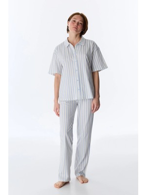 Penti Mavi Cozy Club Pamuklu Çizgili Gömlek Pantolon Pijama Takımı