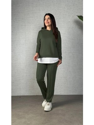 Uslucan Alışveriş Kadın Uzun Kollu Kapşonlu Bağcıklı Viskon Iki Iplik Bluz ve Pantolon Ikili Takım