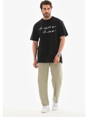 Uslucan Alışveriş Unisex Bisiklet Yaka Baskılı Oversize T-Shirt - Siyah