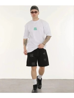 Uslucan Alışveriş Unisex Bisiklet Yaka Baskılı Oversize T-Shirt - Beyaz