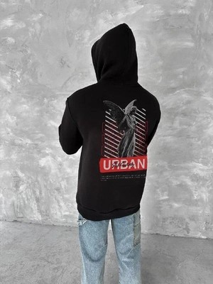 Uslucan Alışveriş Oversize Üç Iplik Kapşonlu Sweatshirt - Siyah