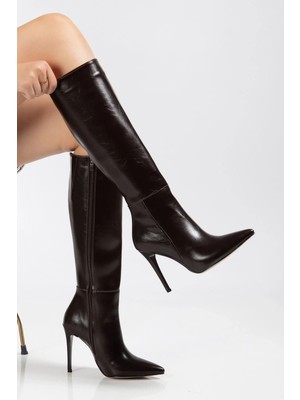 Uslucan Alışveriş LS-226 Kahve Kırışık Rugan Fermuarlı Lastikli Ince Yüksek Topuklu Kadın Çizme